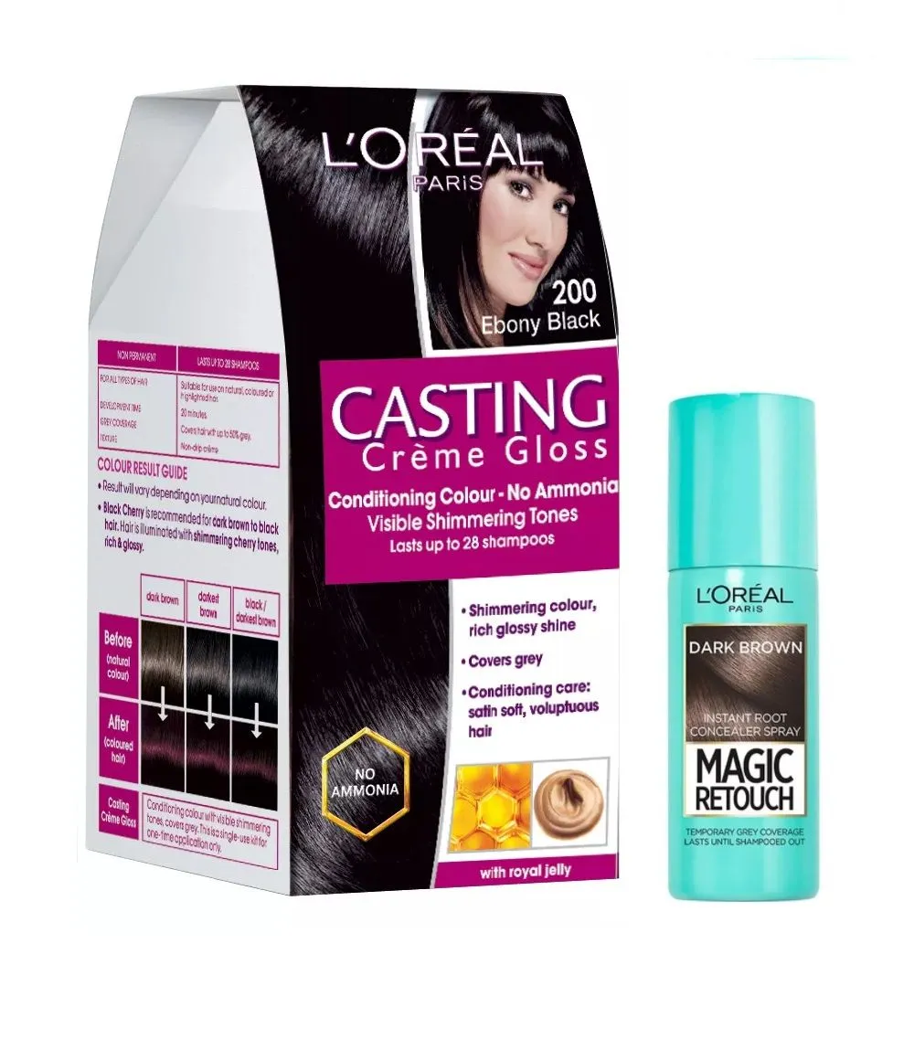 L'Oreal Paris Casting Creme Gloss Hair Color - 200 Ebony Black + Magic Retouch Instant Root Concealer - 2 Dark Brown