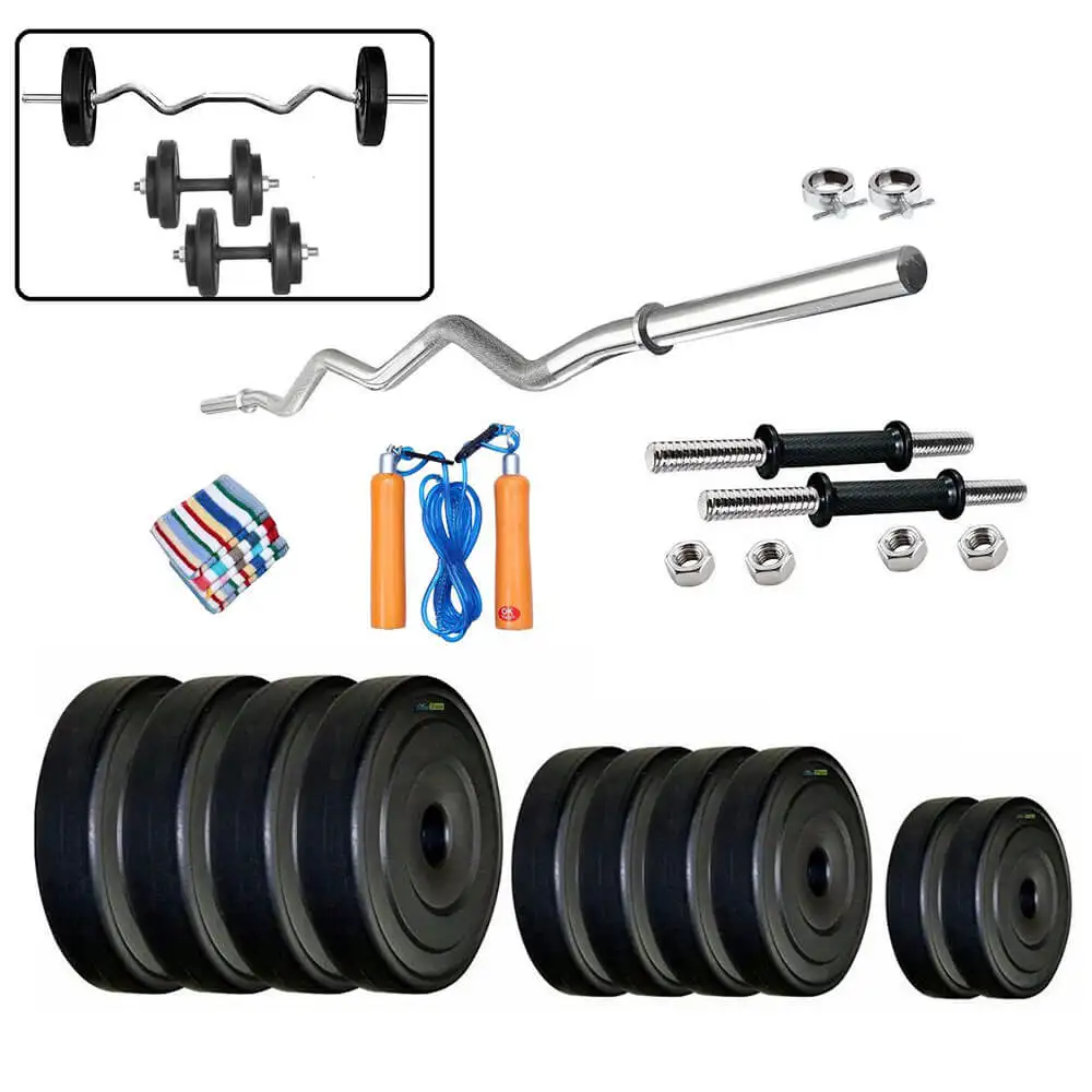 Body Maxx Home Gym Set Rubber Plates + Dumbells Rods + Gloves + Gripper + 3 FT EZ CURL BAR + Locks (24 Kg)