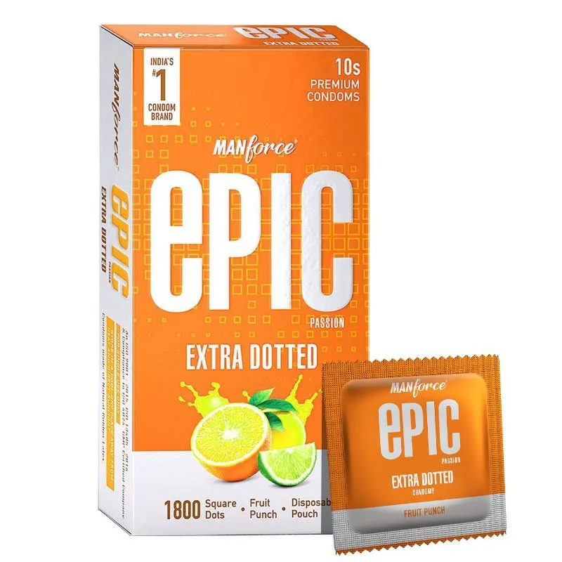 Manforce Epic Passion Extra Dotted Fruit Punch Flavoured Premium Condoms With Disposable Pouch