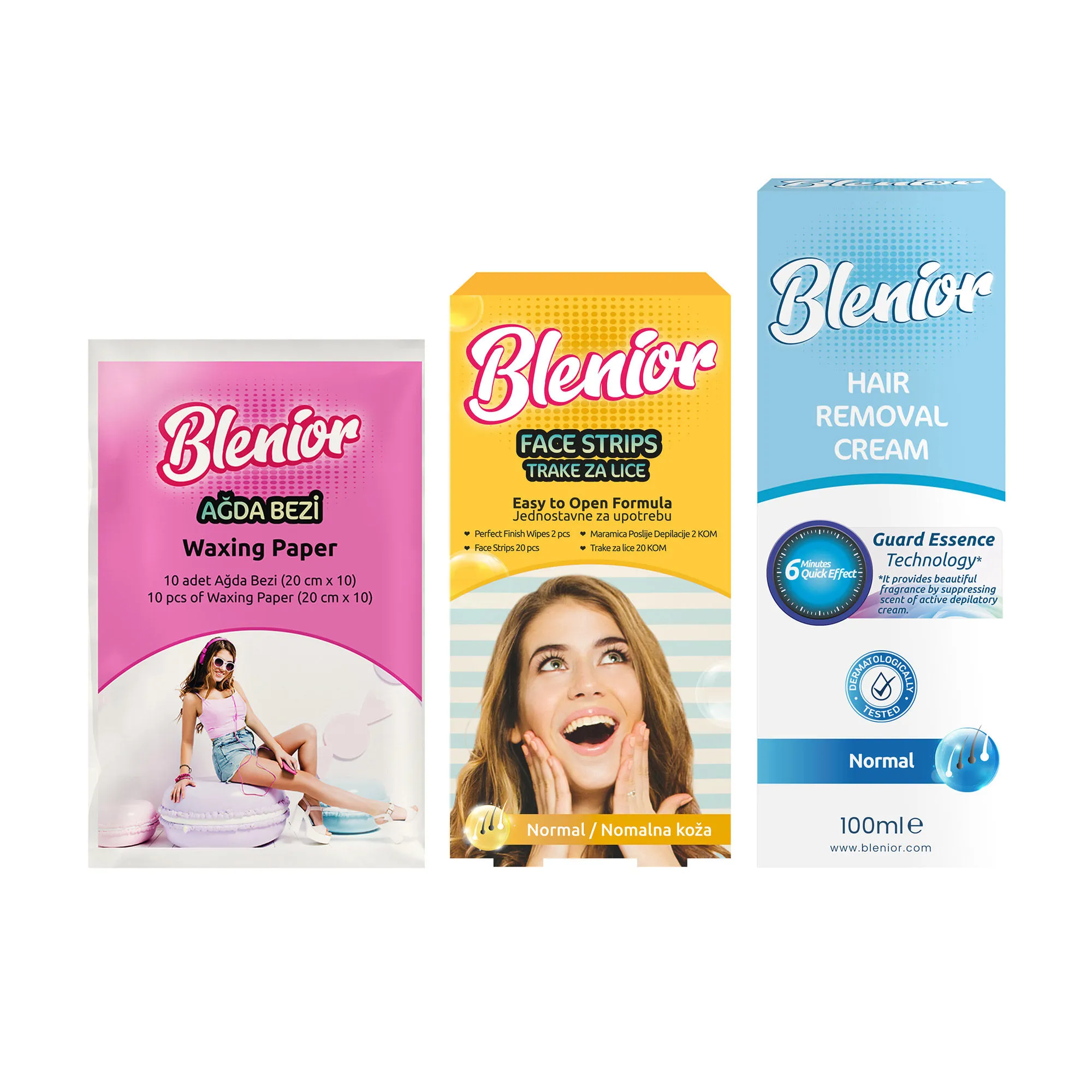 Blenior Waxing Paper 2m Roll + Face Strip + Hair Removal Cream - Normal Skin