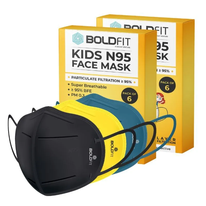 Boldfit N95 Mask For Kids For Boys & Girls - Pack Of 12 (Black,blue,yellow)