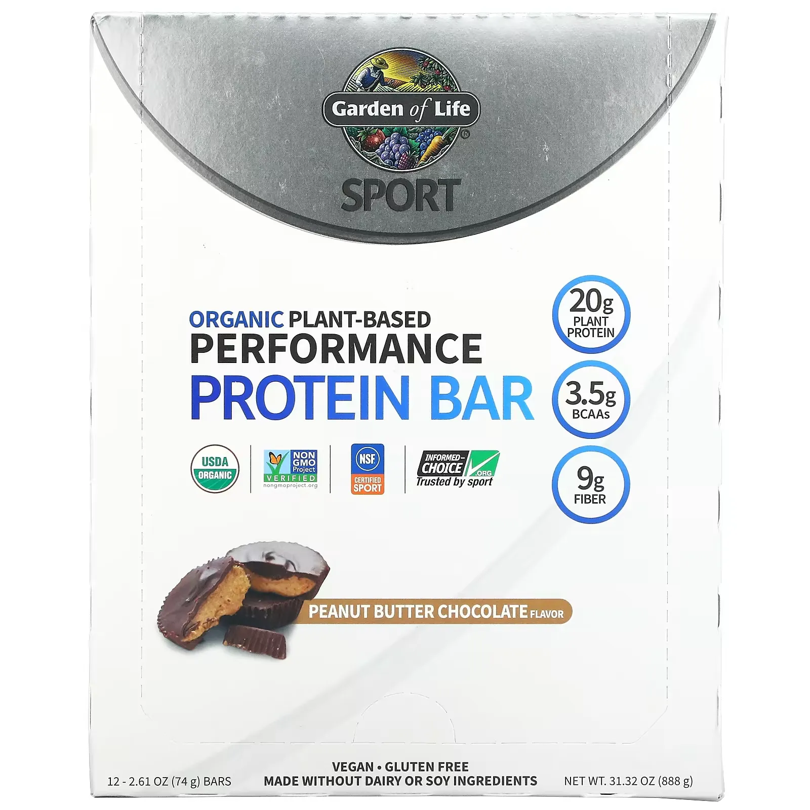 Sport, Organic Plant-Based Performance Protein Bar, Peanut Butter Chocolate, 12 Bars, 2.61 oz (74 g) Each