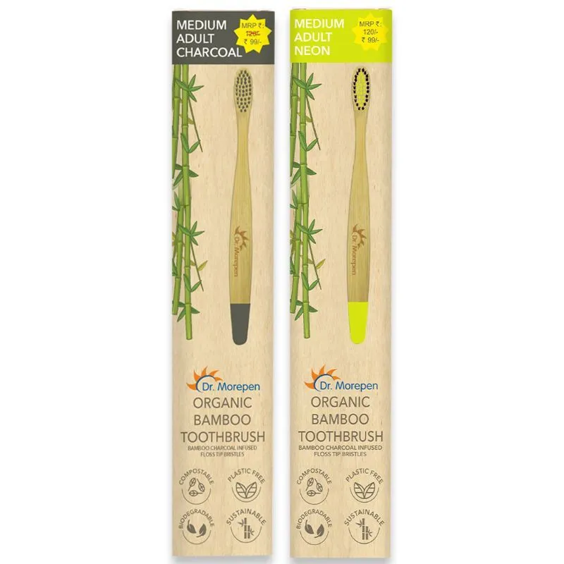 Dr. Morepen Organic Bamboo Toothbrush For Adults - Neon & Charcoal