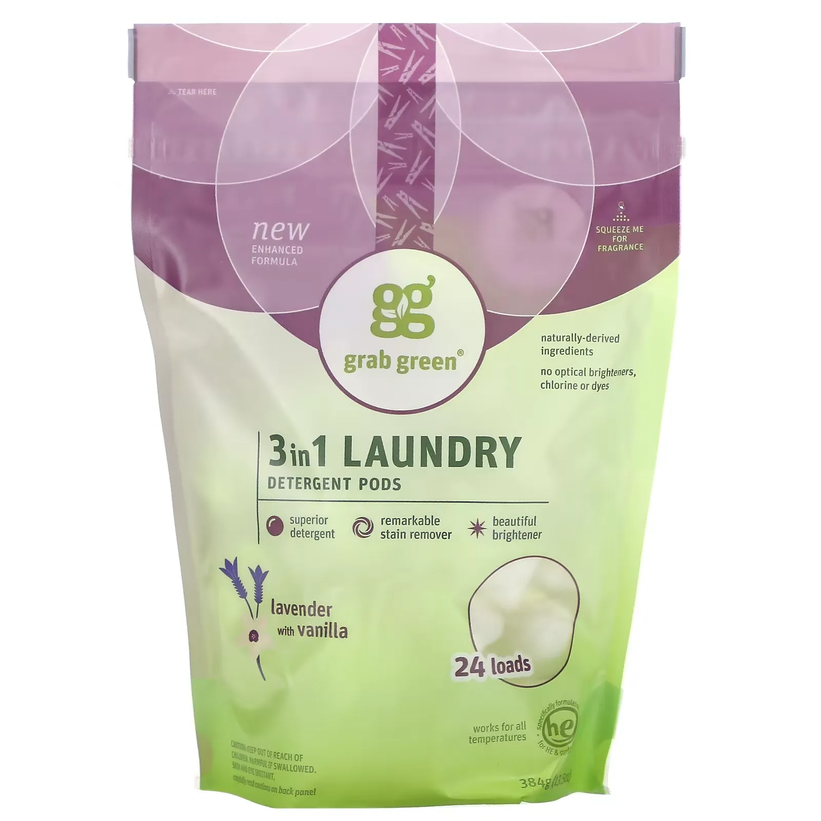 3 in 1 Laundry Detergent Pods, Lavender with Vanilla, 24 Loads, 13.5 oz (384 g)