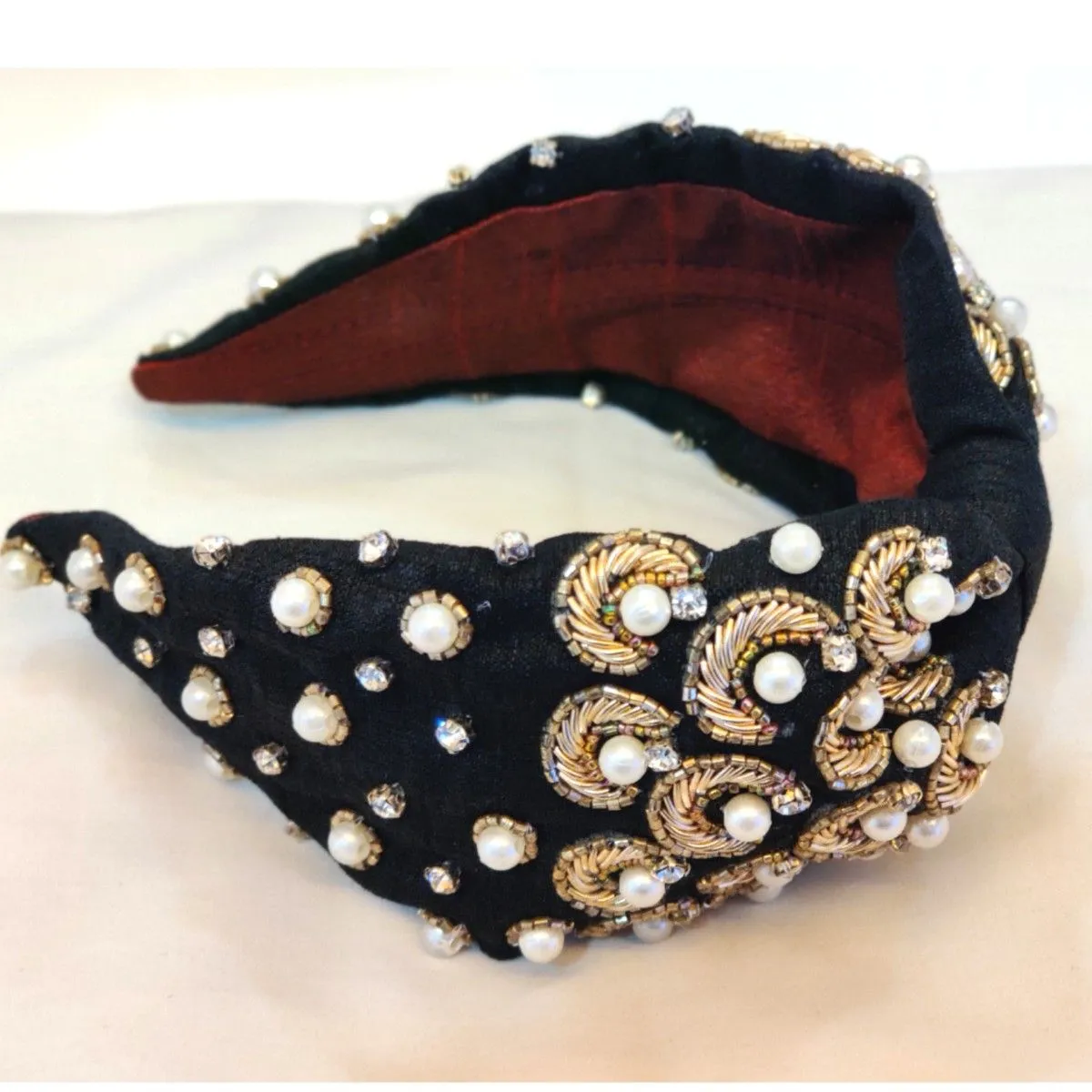 YoungWildFree Black Embellished Hairband With Pearls And Gold Scatter Hand Embroidery