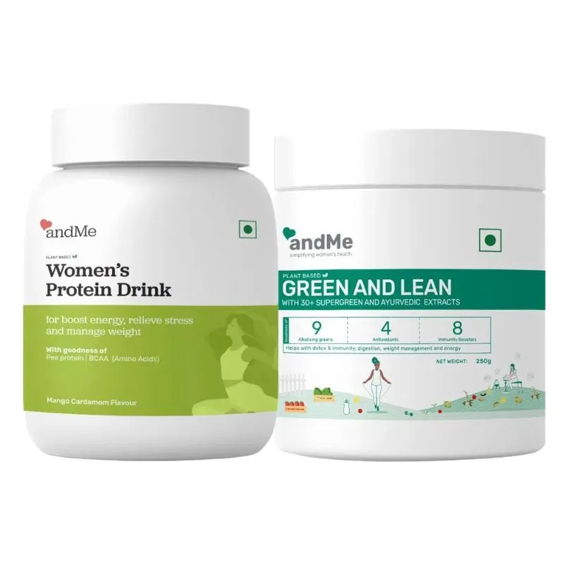 andMe Women's Plant Protein Powder (Mango Cardamom) + andMe Green & Lean Powder - Combo Pack