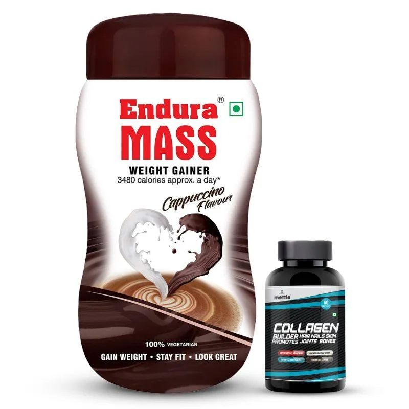 Endura Mass Weight Gainer Cappuccino Flavour With Mettle Collagen Builder Capsules