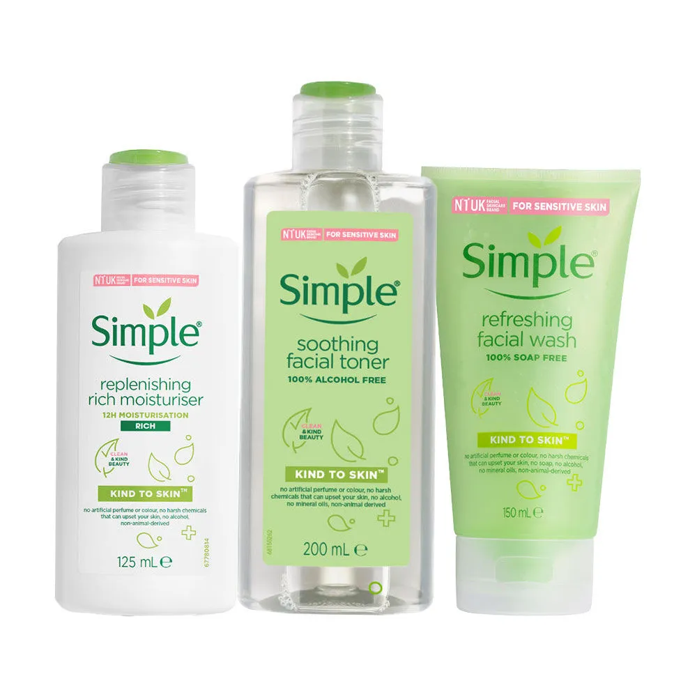 Simple Kind To Skin Refreshing Facial Wash + Soothing Facial Toner + Replenishing Rich Moisturiser