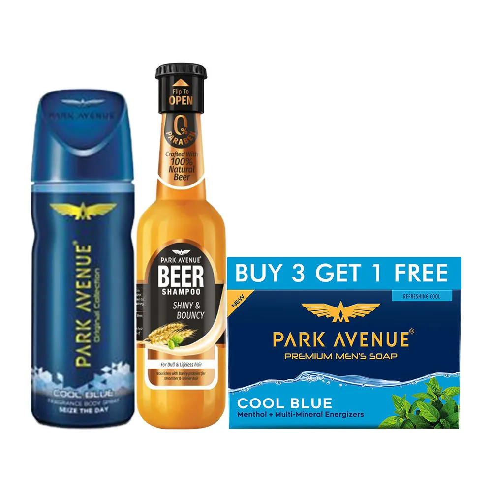 Park Avenue Soap Cool Blue (buy3 Get1 Free), Deodorant Body Spray And Beer Shampoo Shiny And Bouncy