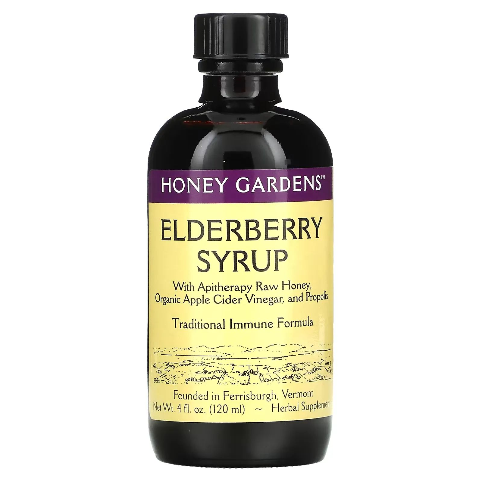 Elderberry Syrup with Apitherapy Raw Honey, Organic Apple Cider Vinegar, and Propolis , 4 fl oz (120 ml)