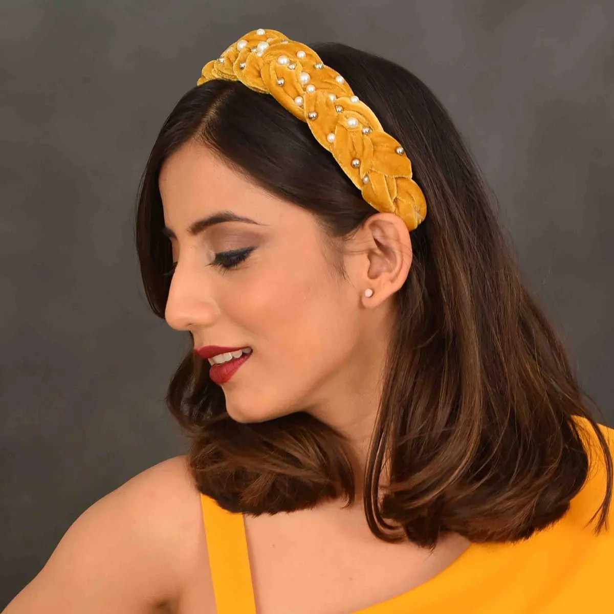 YoungWildFree Yellow Pearl Embellished Stylish Hairband In Twisted Design For Women And Girls