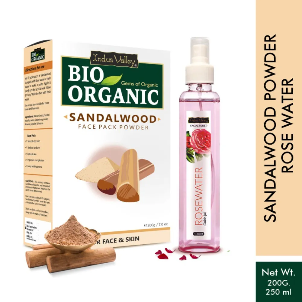 Indus Valley Fresh Rose Water Toner with Sandalwood Face Pack Powder Combo