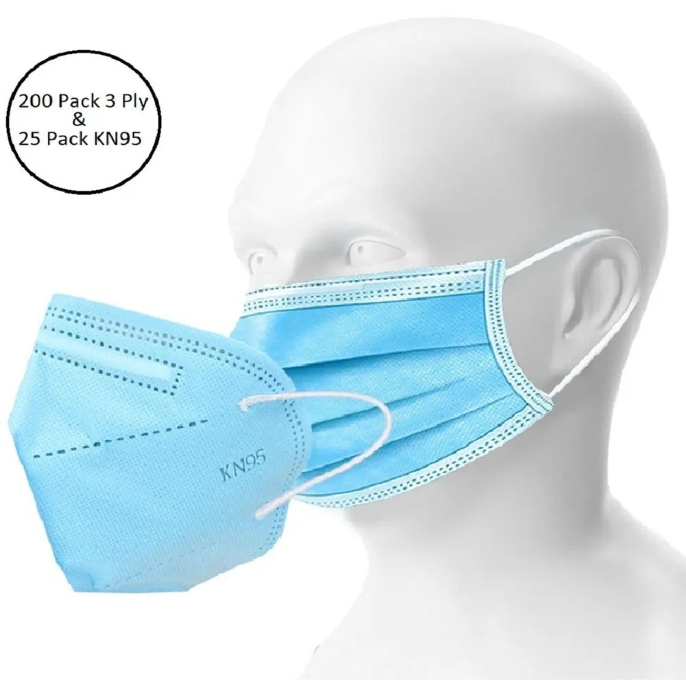 Fabula Unisex Double Mask Set Of 200 Disposable & 25 KN95 / N95 Masks (Blue )