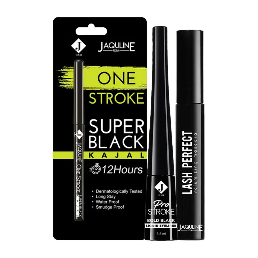 Jaquline USA One Stroke Black Kajal + Pro Stroke Black Liquid Eye Liner + Lash Perfect Mascara