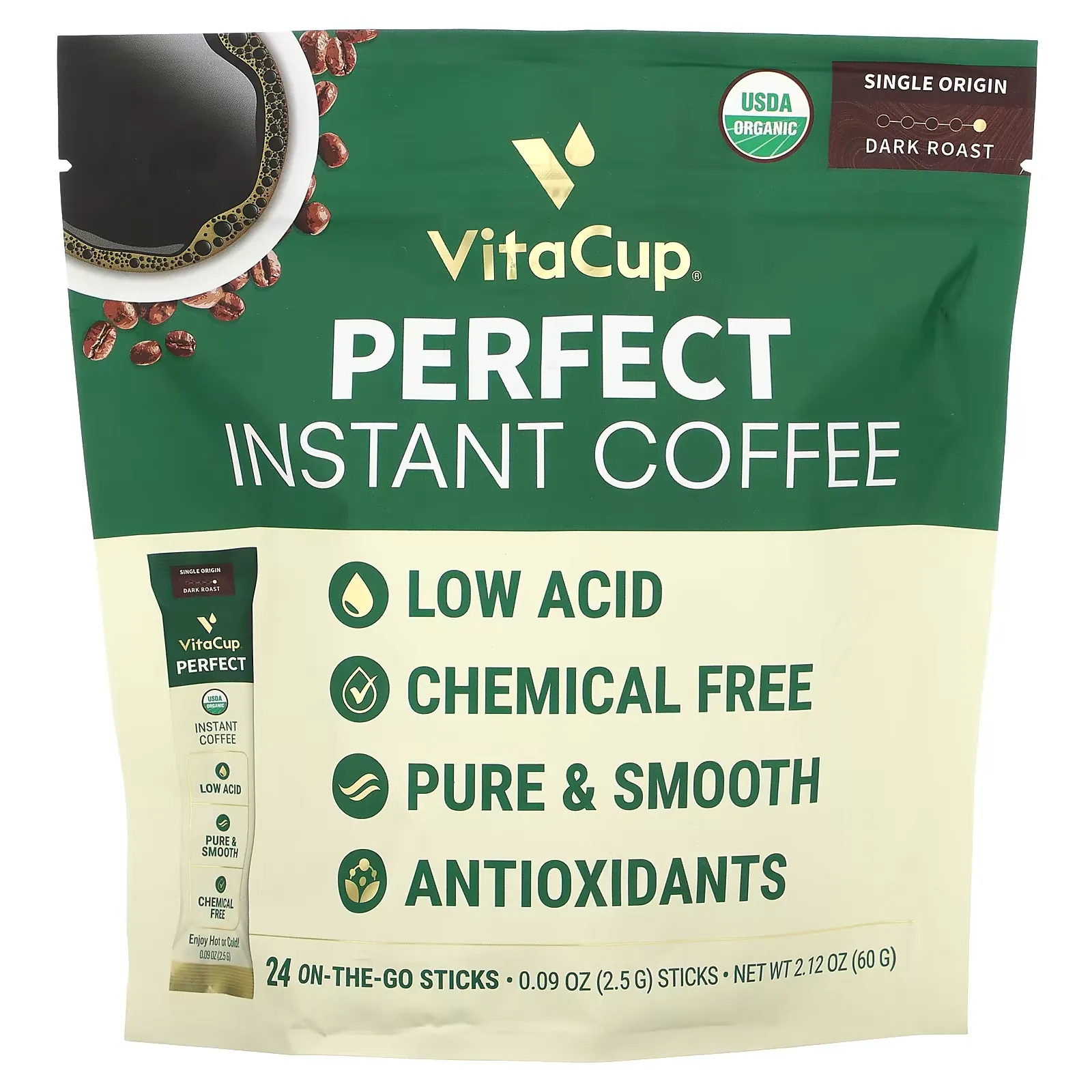 Perfect Instant Coffee, Dark Roast, 24 On-The-Go Sticks, 0.09 oz (2.5 g) Each