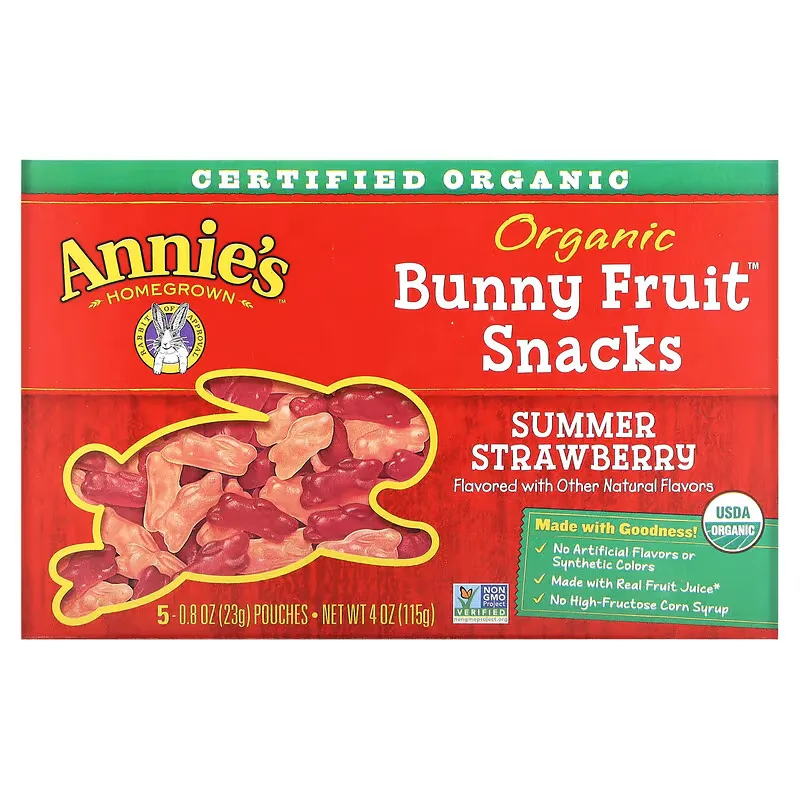 Organic Bunny Fruit Snacks, Summer Strawberry, 5 Pouches, 0.8 oz (23 g ) Each