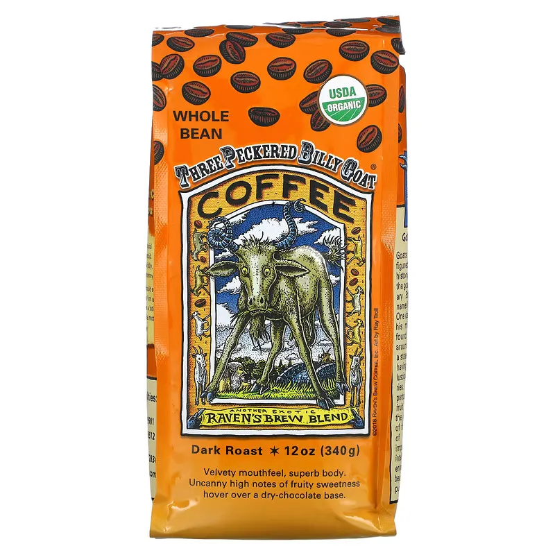 Organic Three Peckered Billy Goat Coffee, Whole Bean, Dark Roast, 12 oz (340 g)