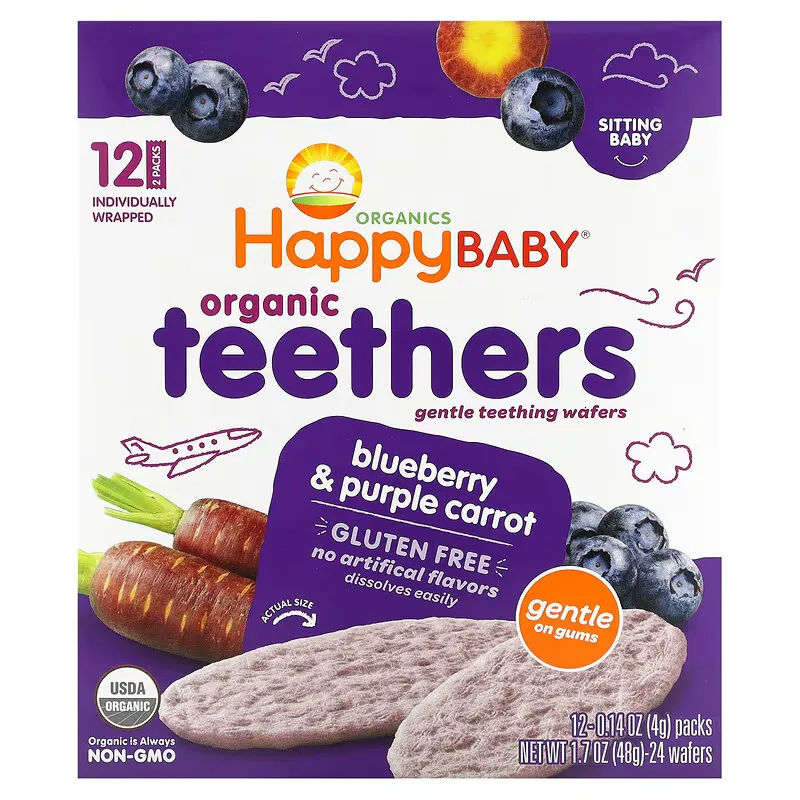 Organic Teethers, Gentle Teething Wafers, Blueberry & Purple Carrot, 12 Packs, 0.14 oz (4 g) Each