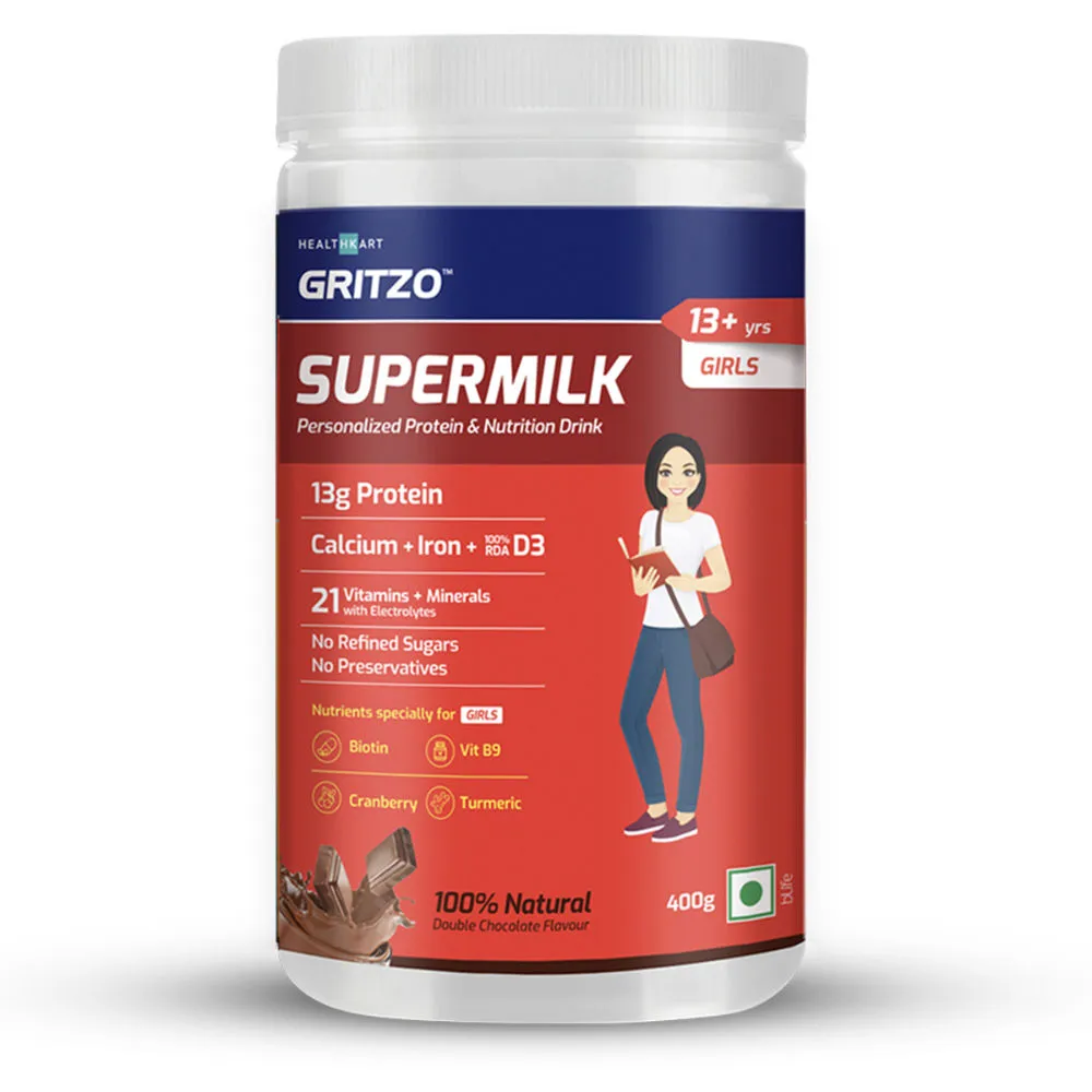 Gritzo SuperMilk 13+ Girls, Kids Nutrition & Health Drink - Natural Double Chocolate Flavour