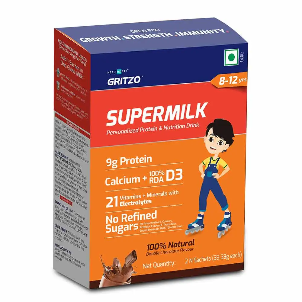 Gritzo SuperMilk Protein & Nutrition Drink Mix 8-12 yrs,  60 g  Double Chocolate (Trial Pack)