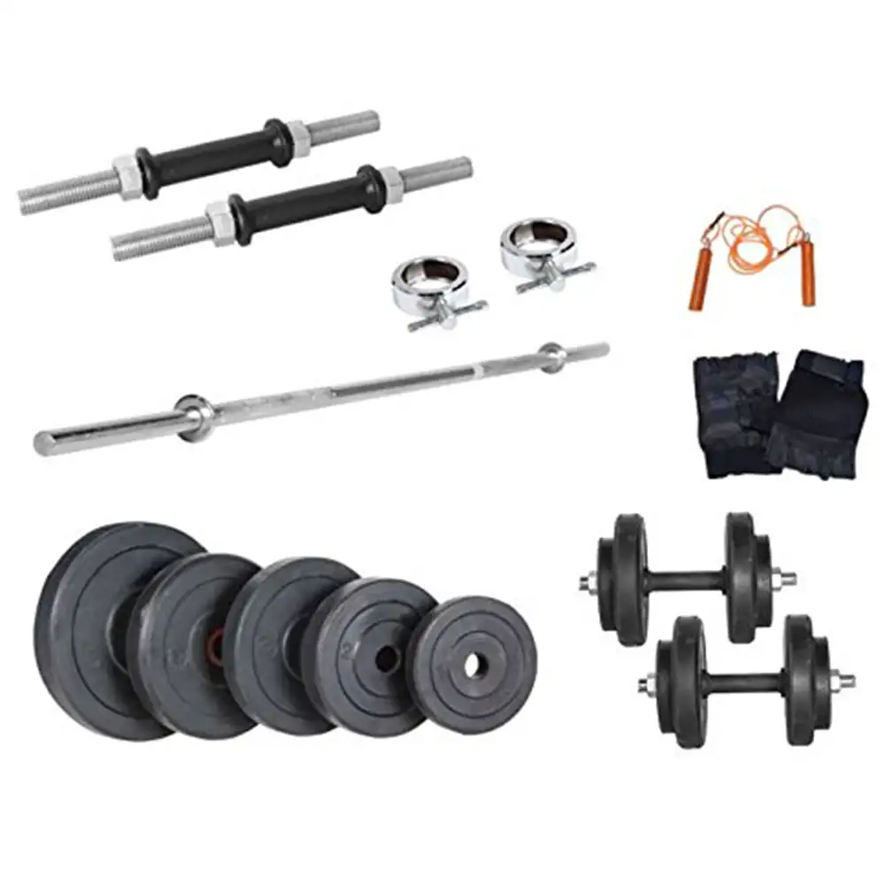 Body Maxx 20 Kg Rubber Weight Plates + 3 Ft Biceps + Triceps Bar + 2 Pcs Dumbells Rods + Gloves + Rope Home Gym Weight Lifting Package