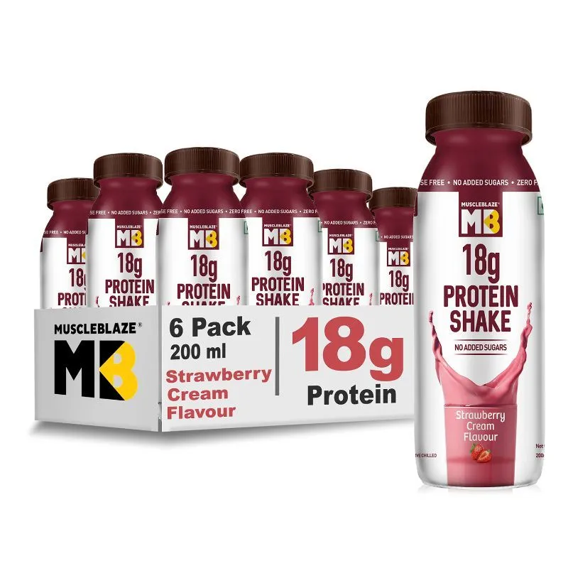 MuscleBlaze 18g Protein Shake (No Added Sugar), Strawberry Cream, Pack Of 6