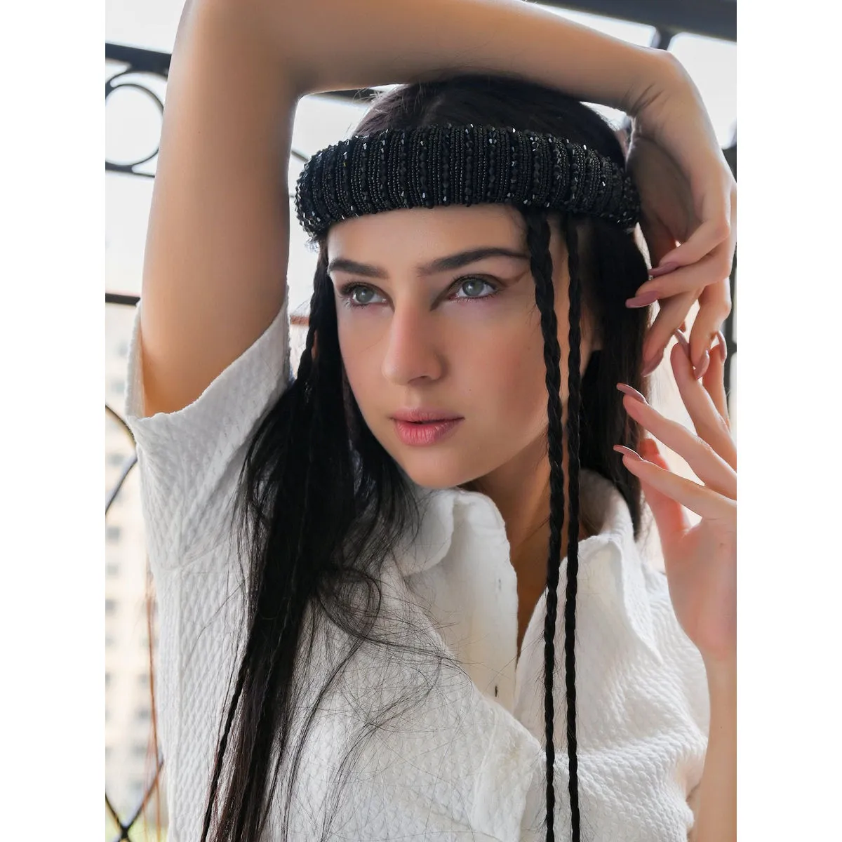 Odette Black Beads Embellished Hair Band