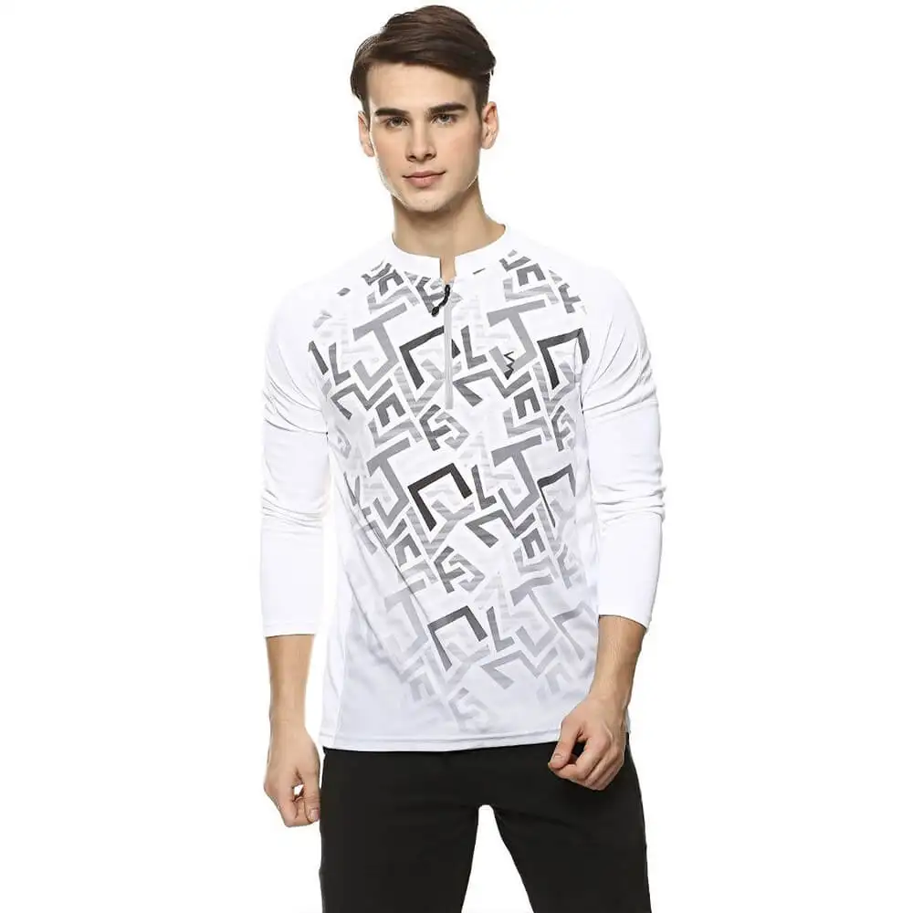 Campus Sutra Graphic Print Men Mandarin Collar T Shirt,  White  Medium