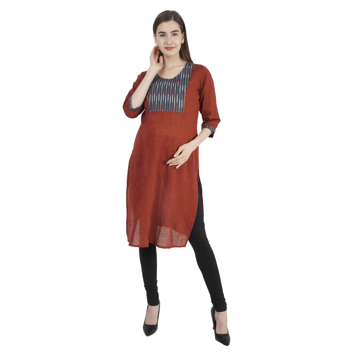 Morph Maternity Stripe Ikat Feeding Kurti - Maroon