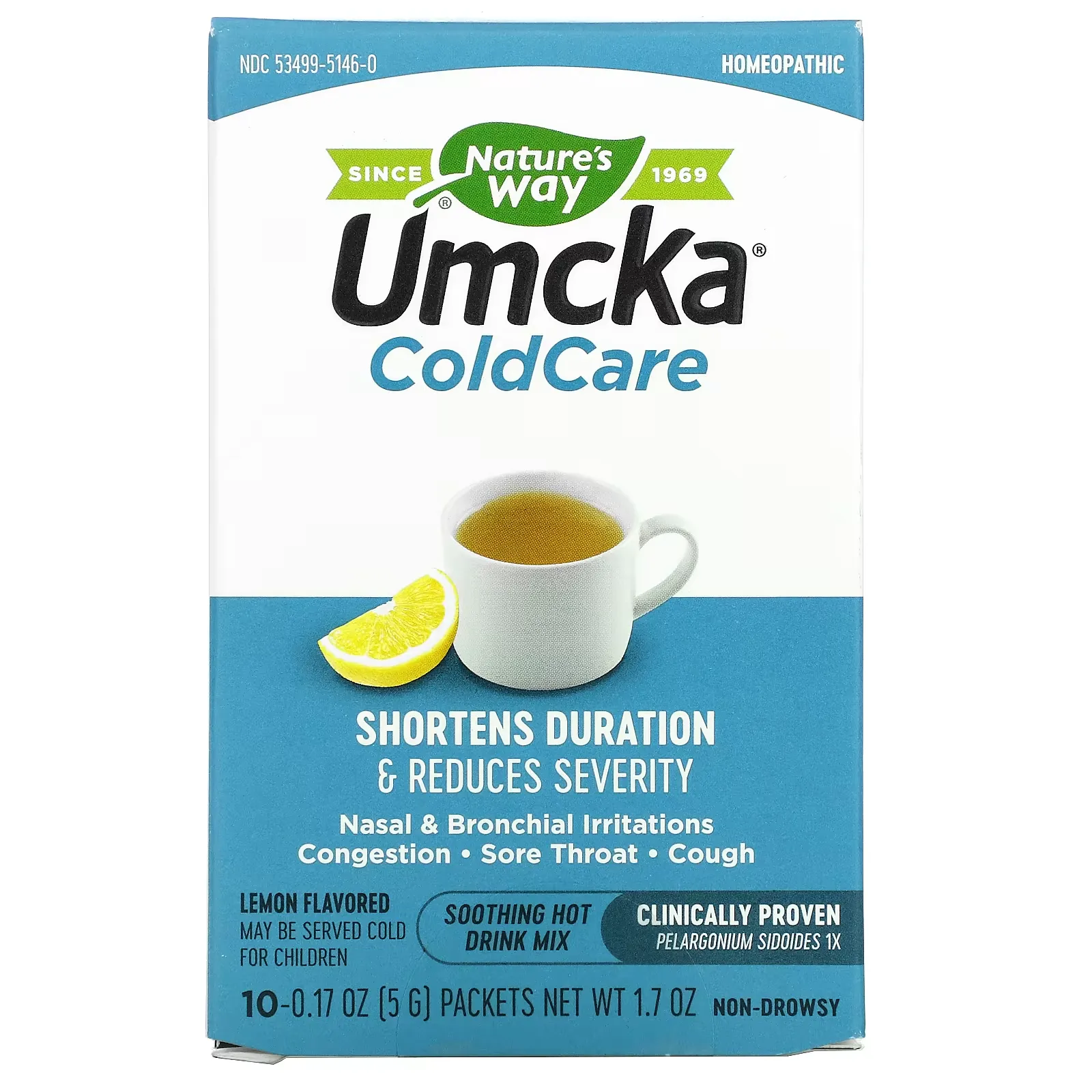 Umcka, ColdCare, Soothing Hot Drink Mix, Lemon, 10 Packets, 0.17 oz (5 g) Each