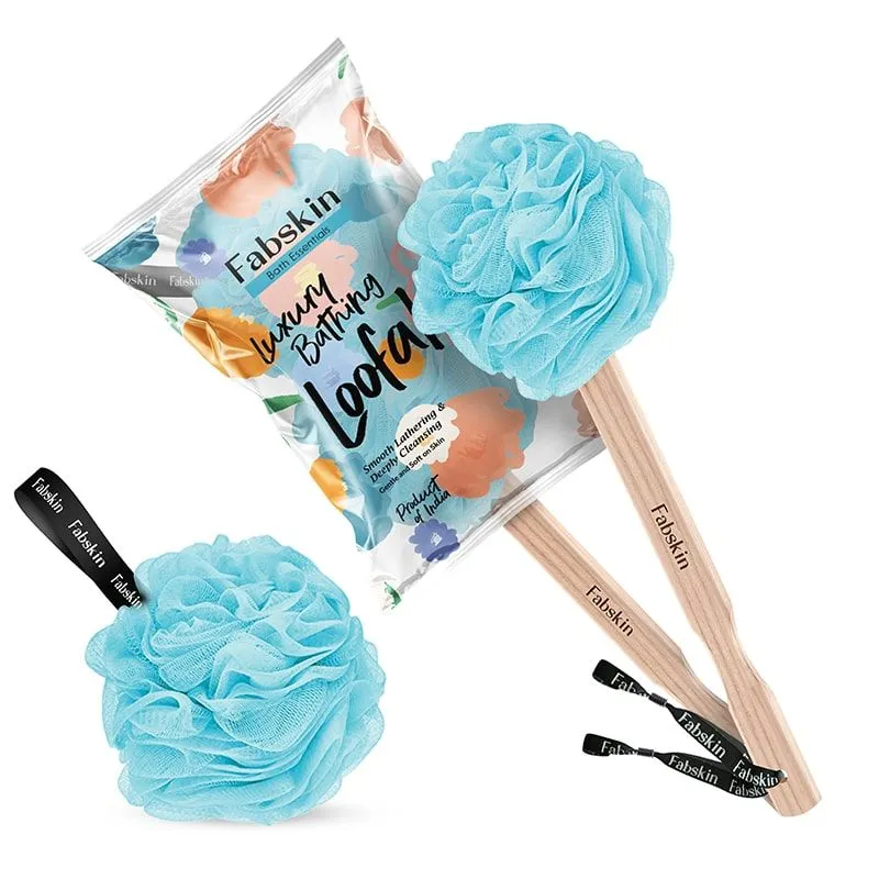 Fabskin Loofah Duo Pack - Bath Brush With Wooden Handle & Round Loofah - For Men & Women-Blue