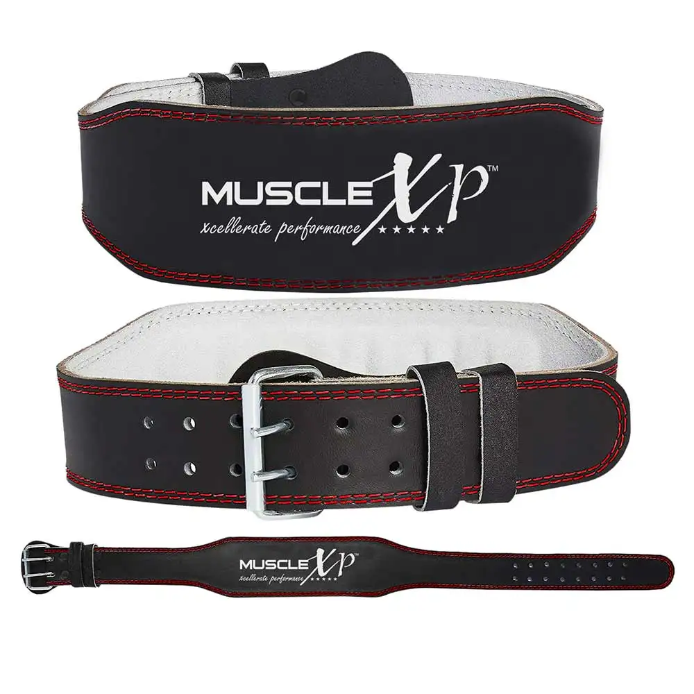 MuscleXP Leather Weight Lifting Gym Belt,  Black  Large