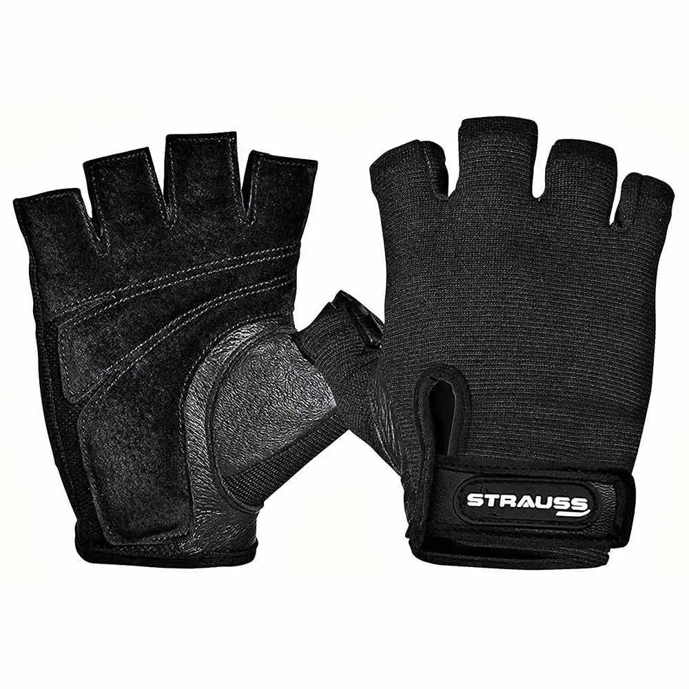 Strauss Stretch Back Gym Gloves with Leather Palm,  Black  Medium