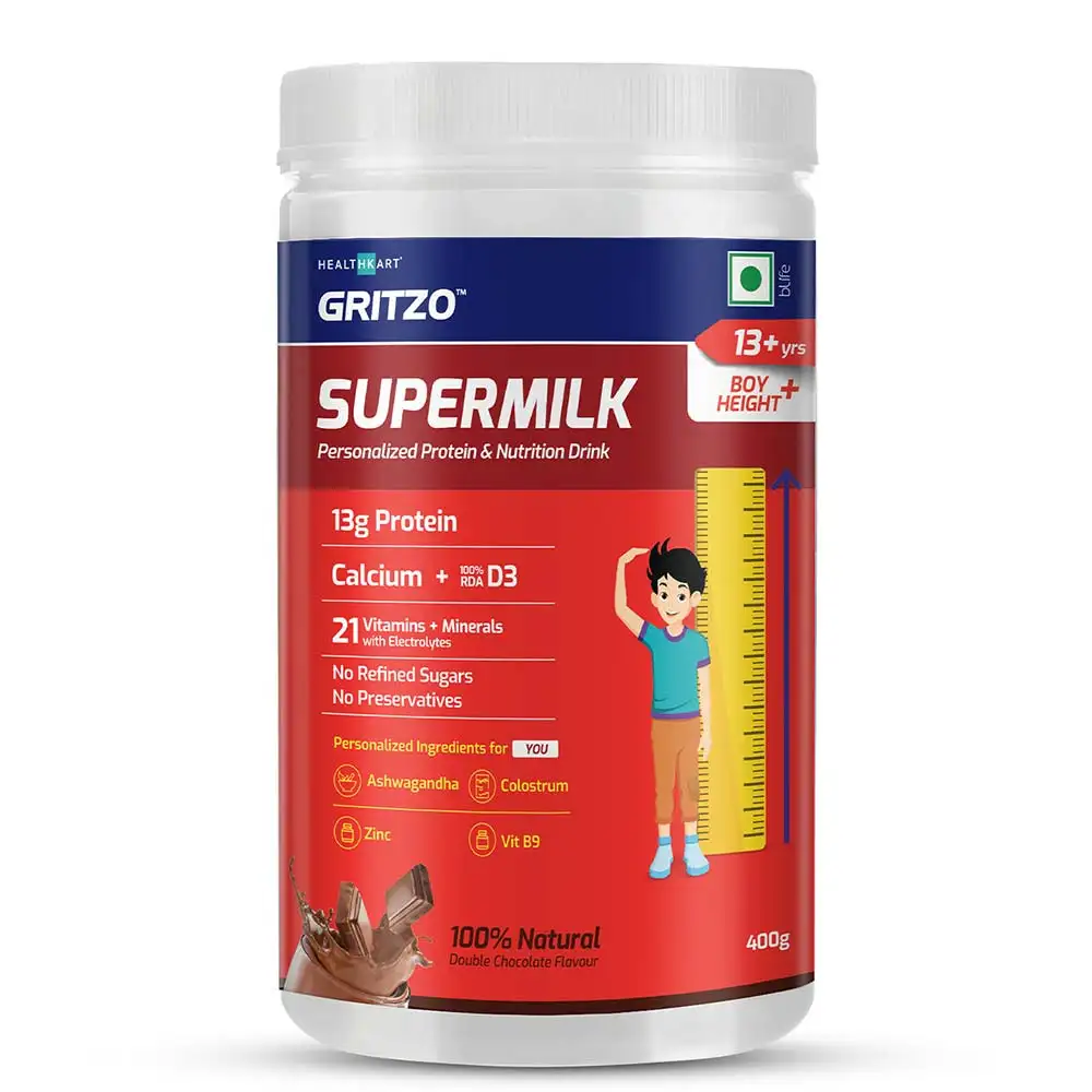 Gritzo SuperMilk Personalized Protein & Nutrition Drink Mix 13+ yrs Boys Height+,  400 g  Double Chocolate