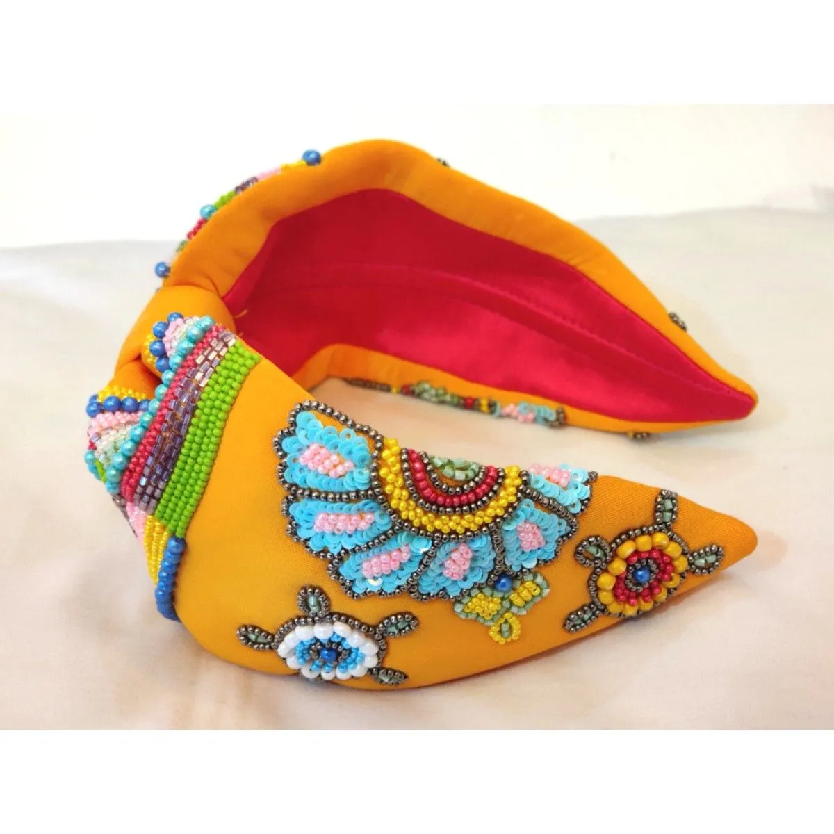 YoungWildFree Orange Embellished Hairband With Intricate Beads Handwork Embroidery Beach