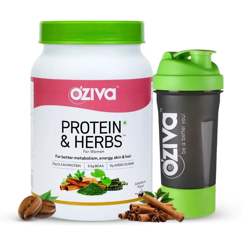 Oziva Protein & Herbs, Women - Cafe Mocha + Green Shaker