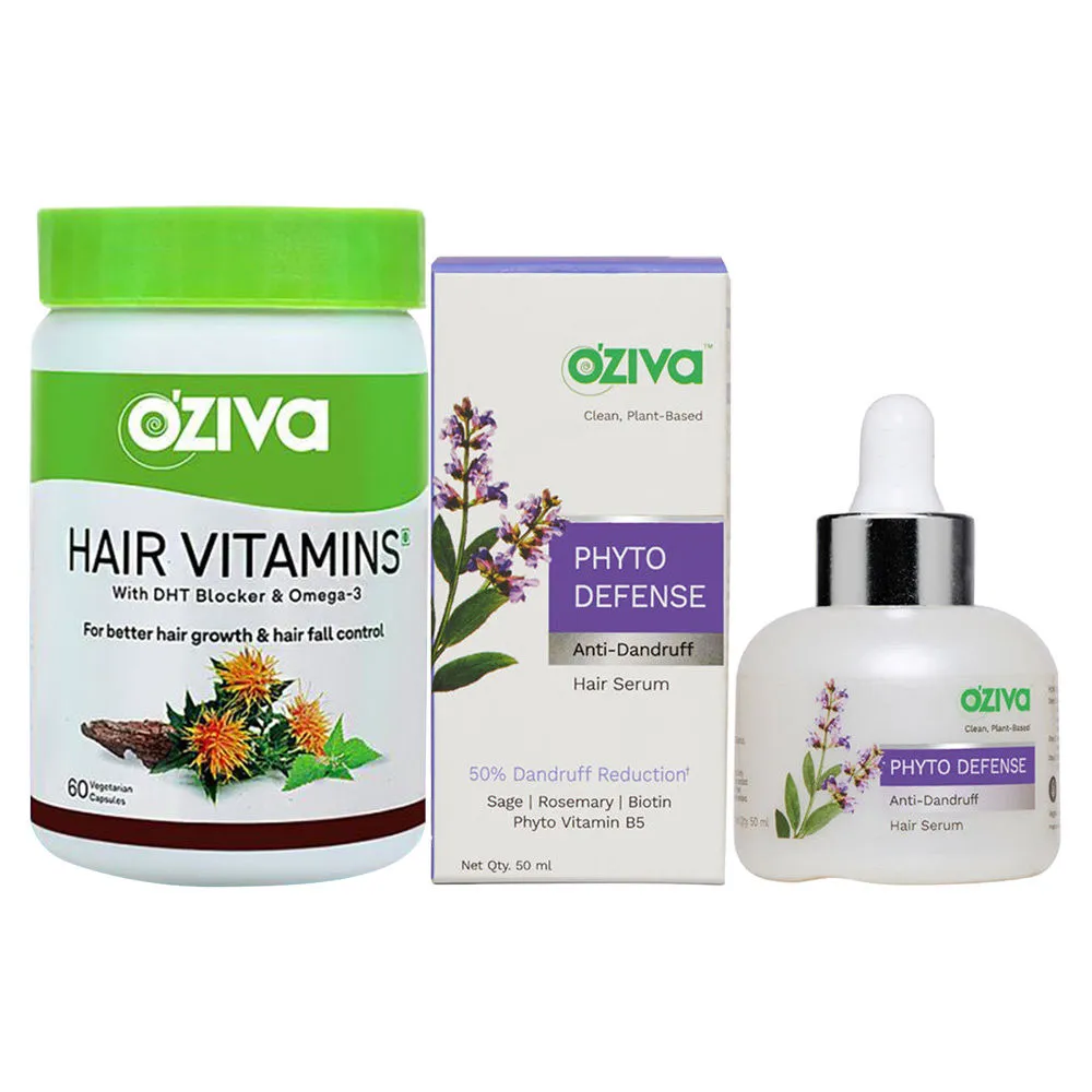 Oziva Glossier Hair Routine (Hair Vitamins + Phyto Defense Anti - Dandruff Hair Serum)