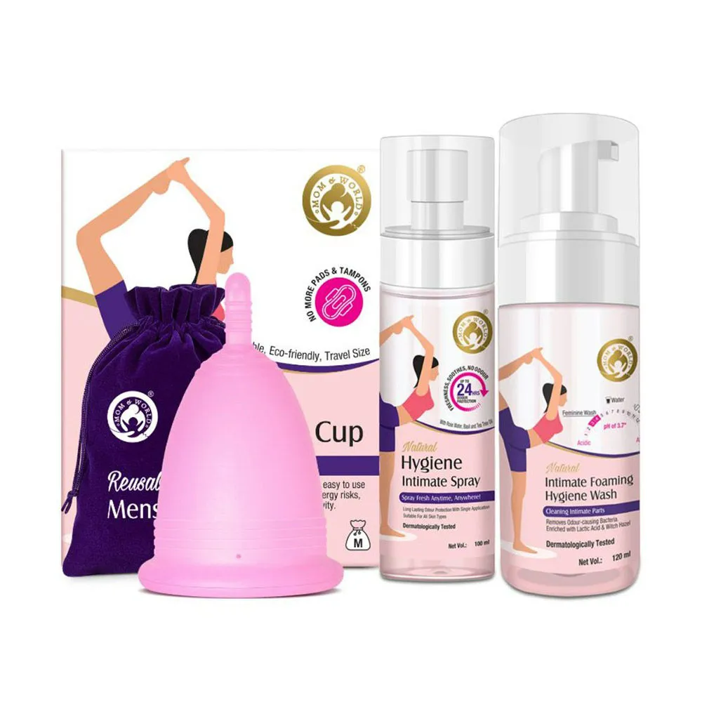 Mom & World Reusable Menstrual Cup + Hygiene Spray + Intimate Foaming Feminine Hygiene Wash - Medium