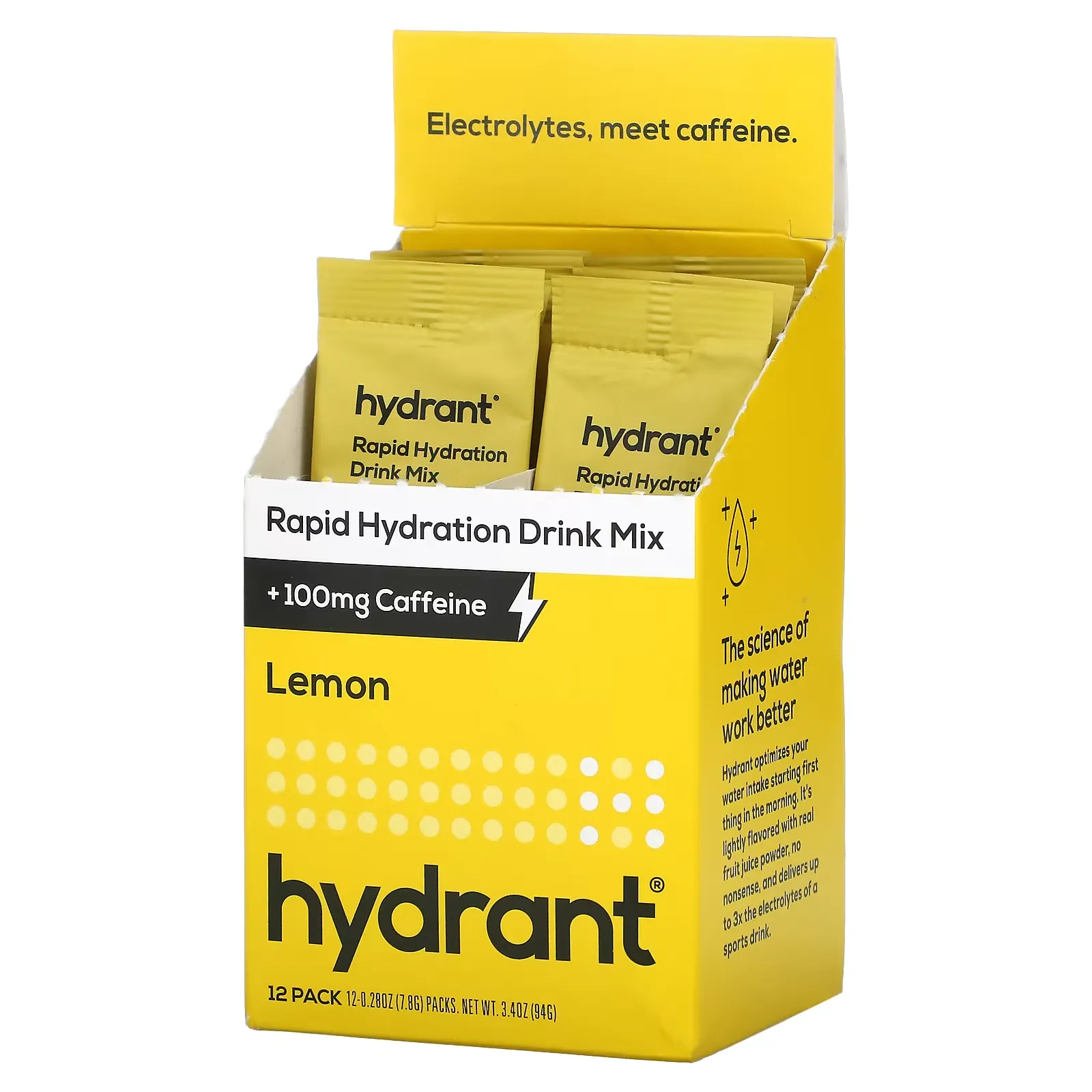 Rapid Hydration Drink Mix +100 mg Caffeine, Lemon, 12 Pack, 0.28 oz (7.8 g) Each