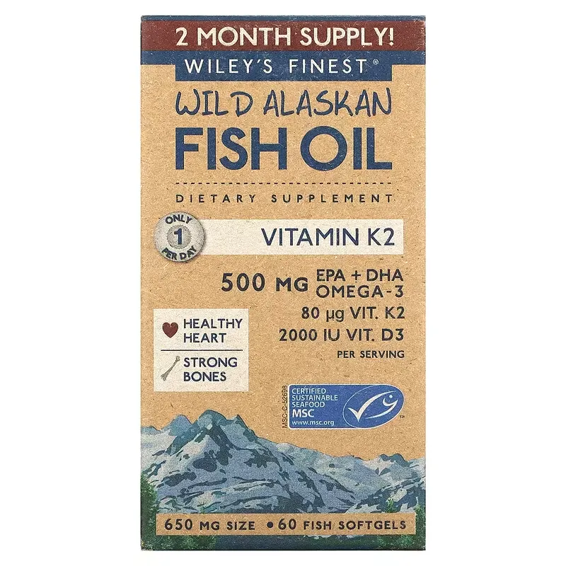 Wild Alaskan Fish Oil, Vitamin K2, 650 mg, 60 Fish Softgels