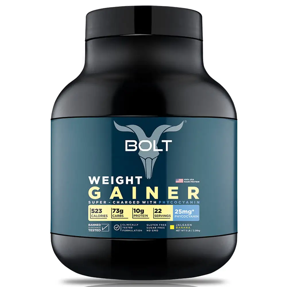 Bolt Weight Gainer Super-Charged with Phycocyanin,  5 lb  Jalgon Banana with Free Shaker