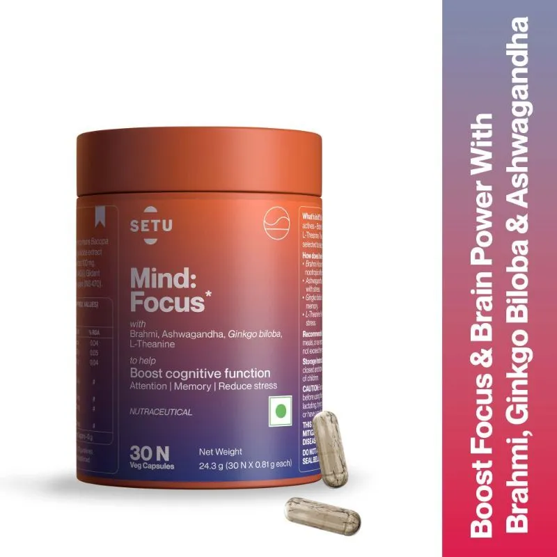 Setu Mind Focus Capsules - Brahmi, Ginkgo Biloba, Ashwagandha - Helps Improve Focus, Alertness