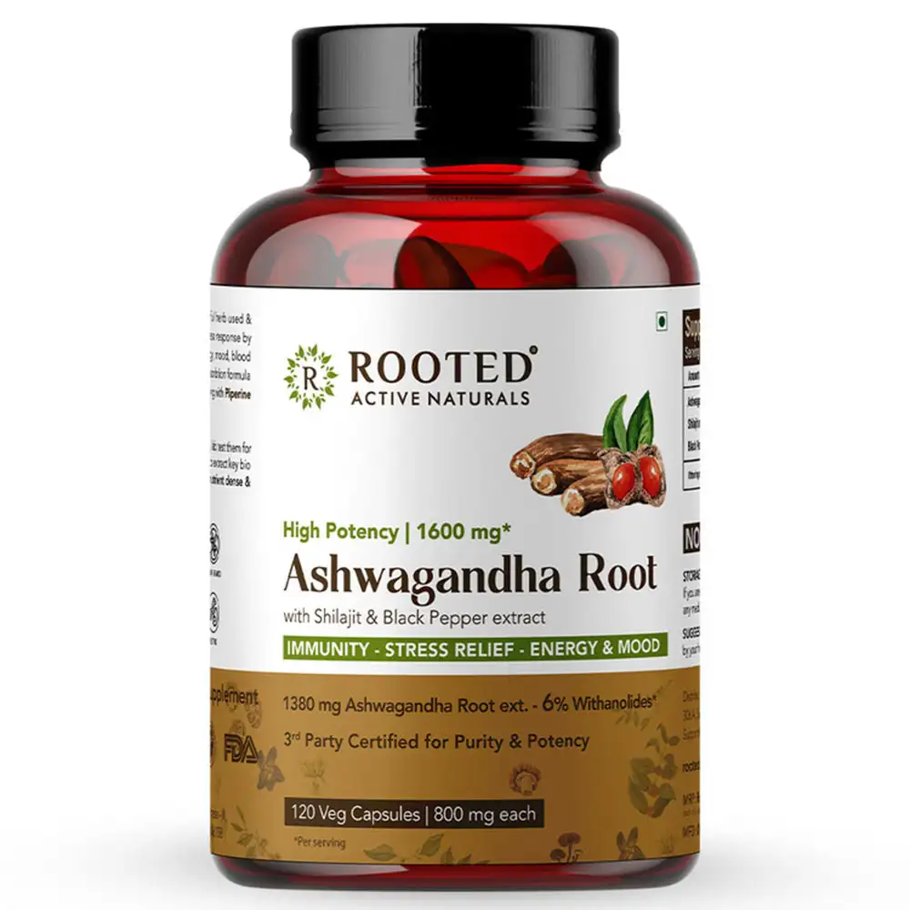 Rooted Active Naturals Ashwagandha Root with Shilajit & Black Pepper Extract,  120 capsules