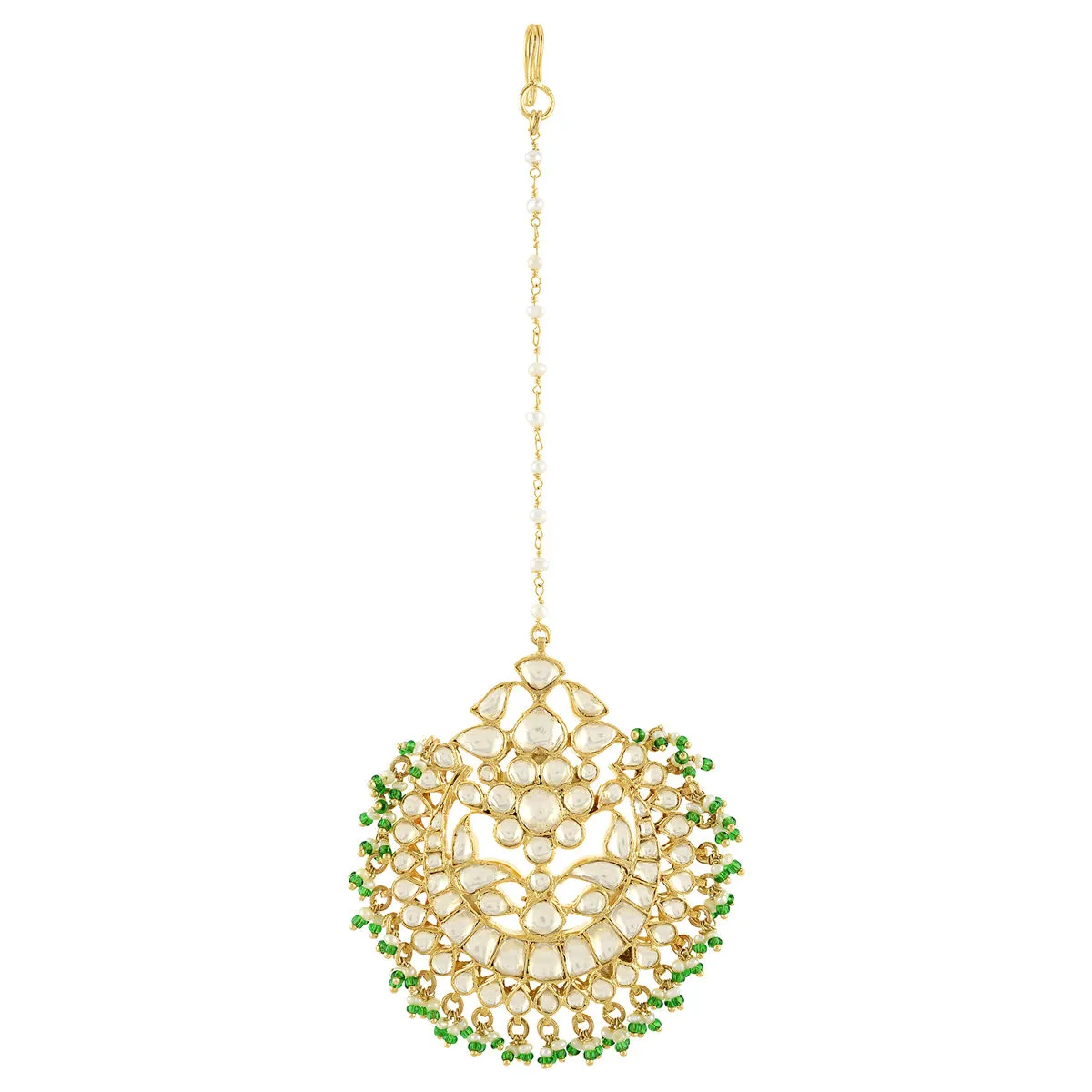 Tribe Amrapali Silver Gold Plated Apsara Flower Chaand Green White Glass Pearl Maangtikka