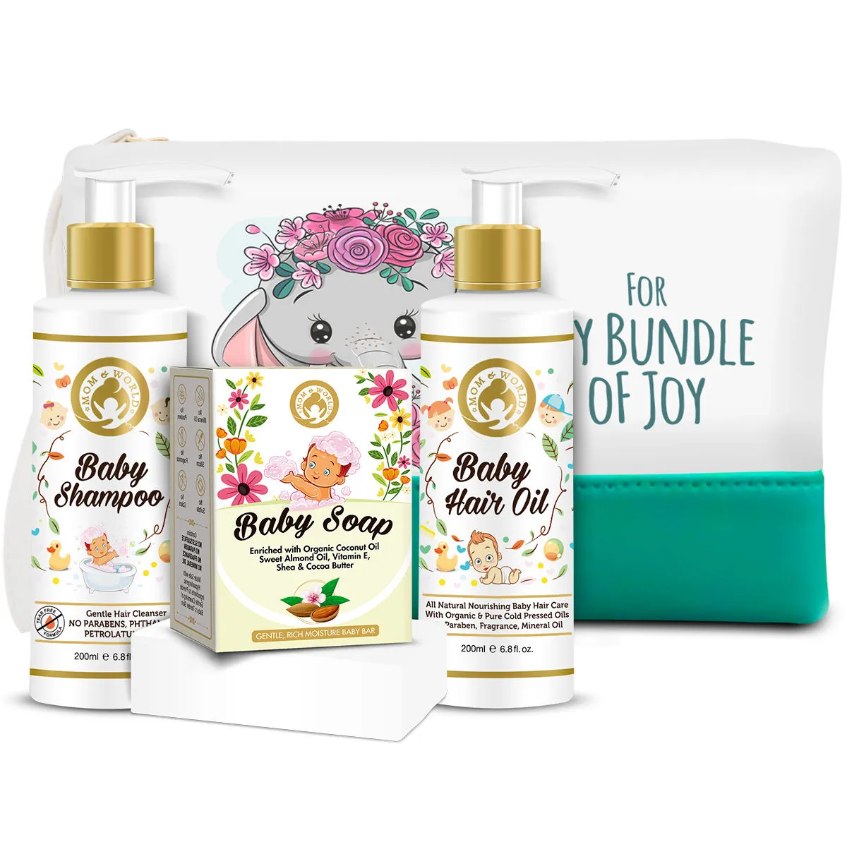 Mom & World Baby Shampoo + Baby Soap + Baby Hair Oil With Pouch