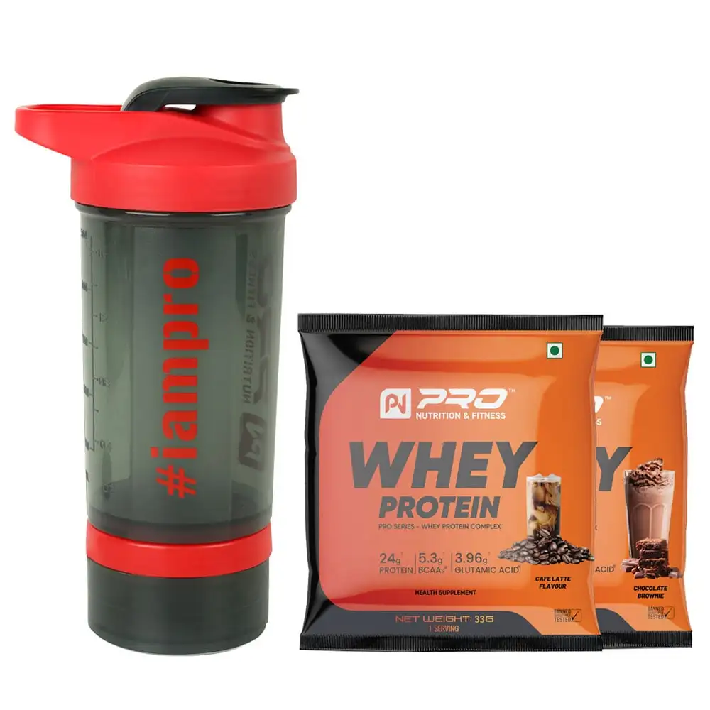 Pro Nutrition & Fitness Shaker with 100% Whey Isolate Protein Caffe Latte & Chocolate Brownie,  Red  500 ml