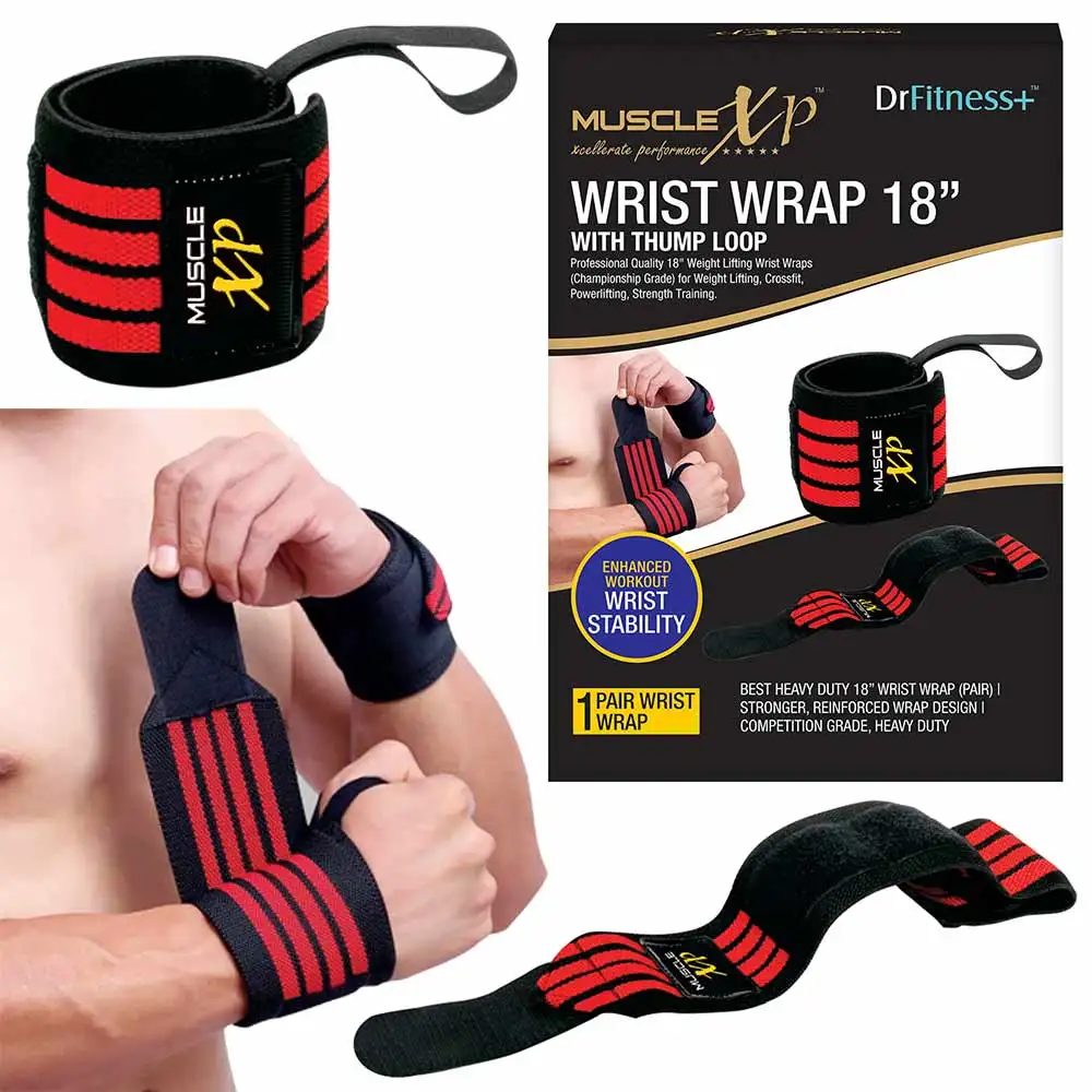 MuscleXP Wrist Wrap with Thumb Loop,  Black & Red  18 inches