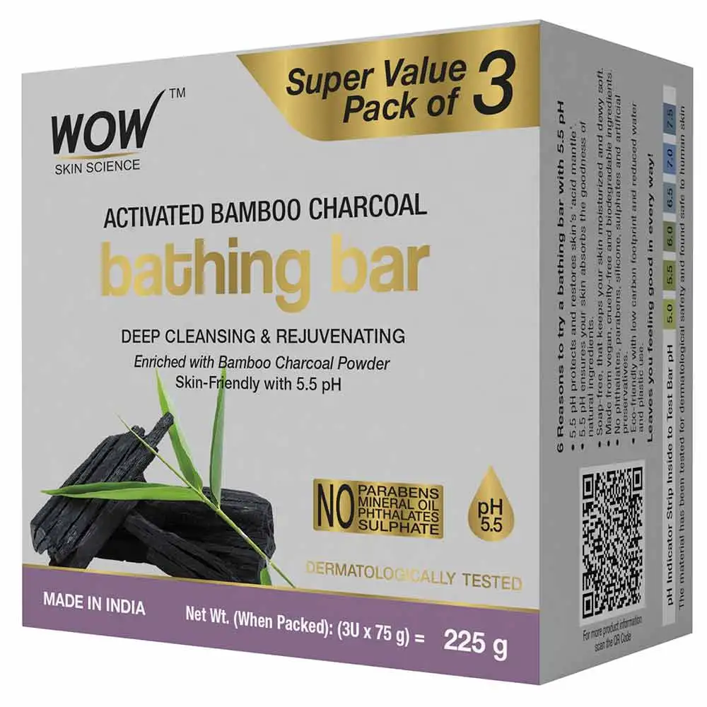 WOW Skin Science Activated Bamboo Charcoal Bathing Bar,  75 g  Deep Cleansing (Pack of 3)