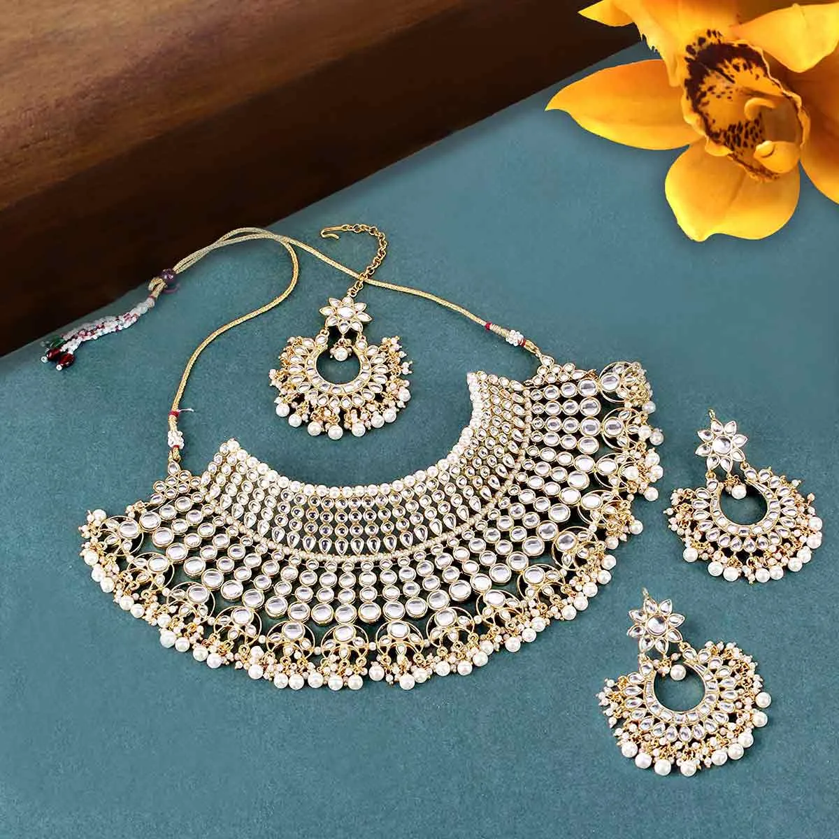 Peora Indian Wedding Traditional Gold Plated Kundan Choker Necklace Set Tikka & Earrings (PF37N7085W)