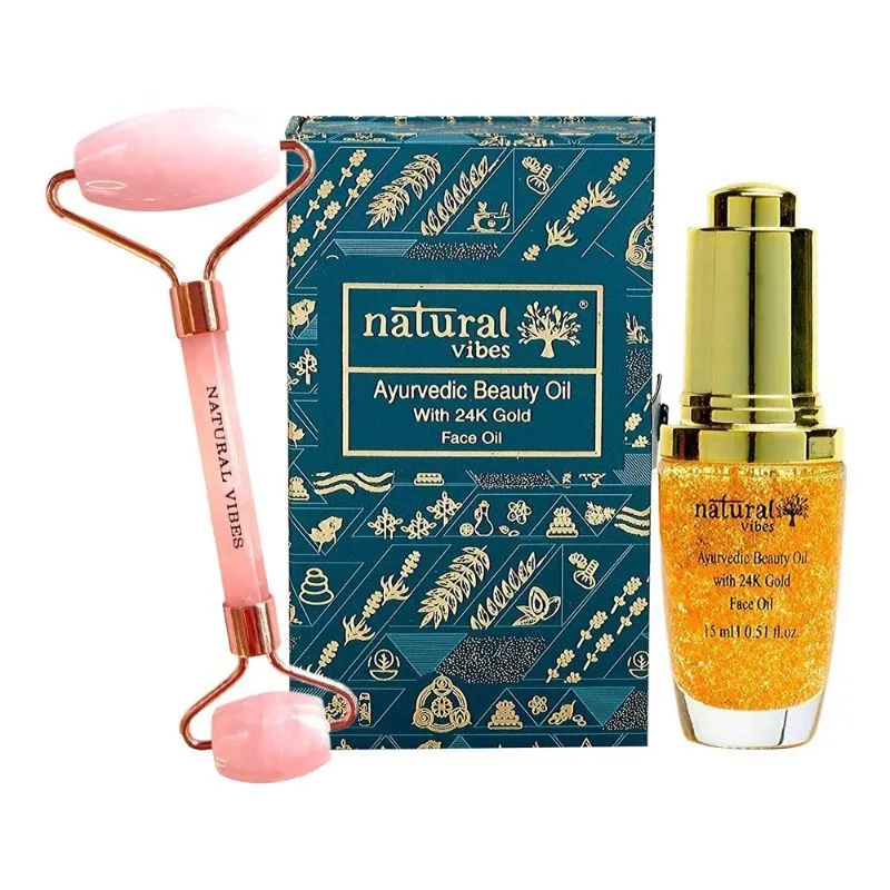 Natural Vibes Glow Getter - Rose Quartz Face Roller + Gold Beauty Elixir Oil